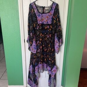 Elegant Asymmetrical Floral Dress in Black and Purple